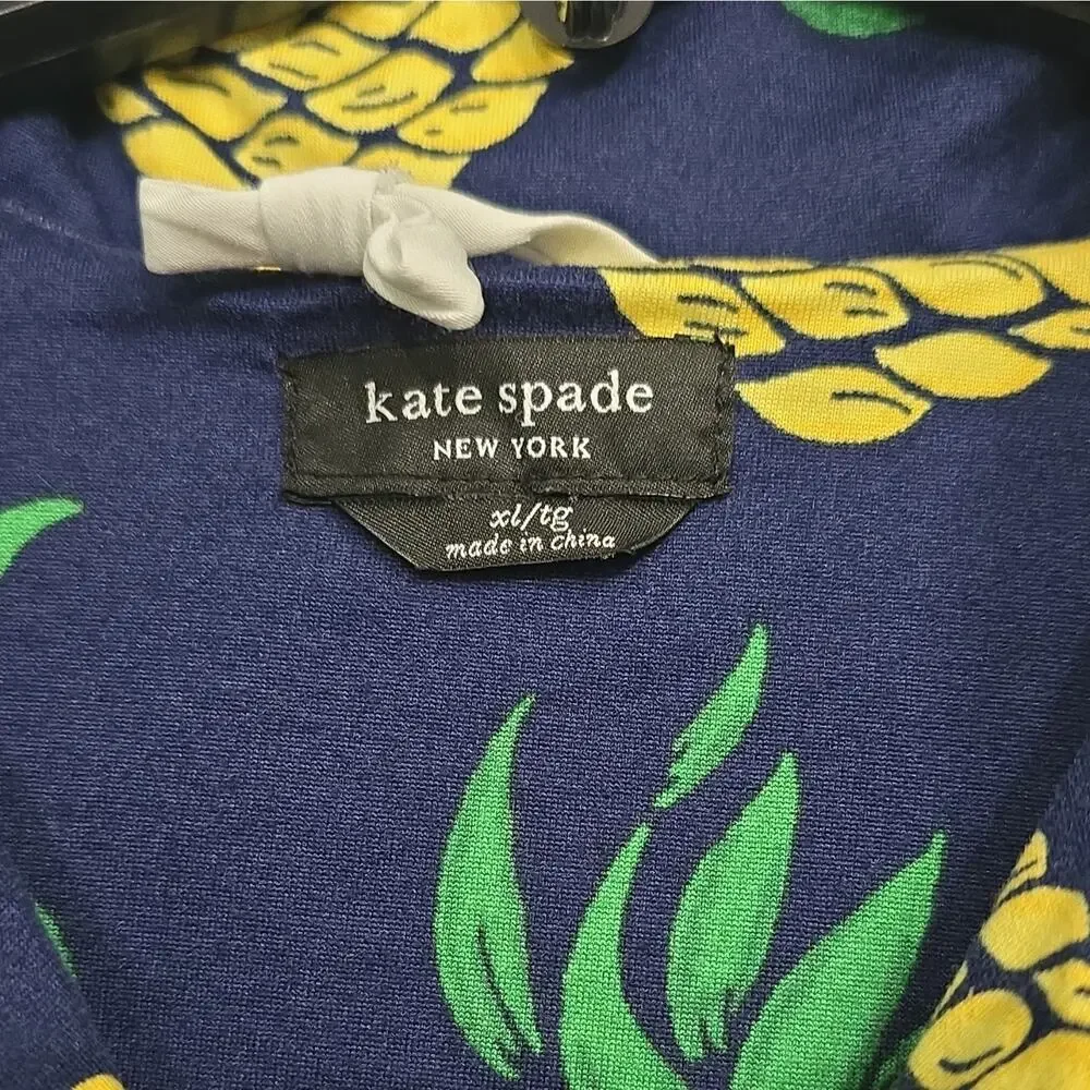 kate spade new york Womens XL Pineapple Pajama Top Navy Button Front Pocket